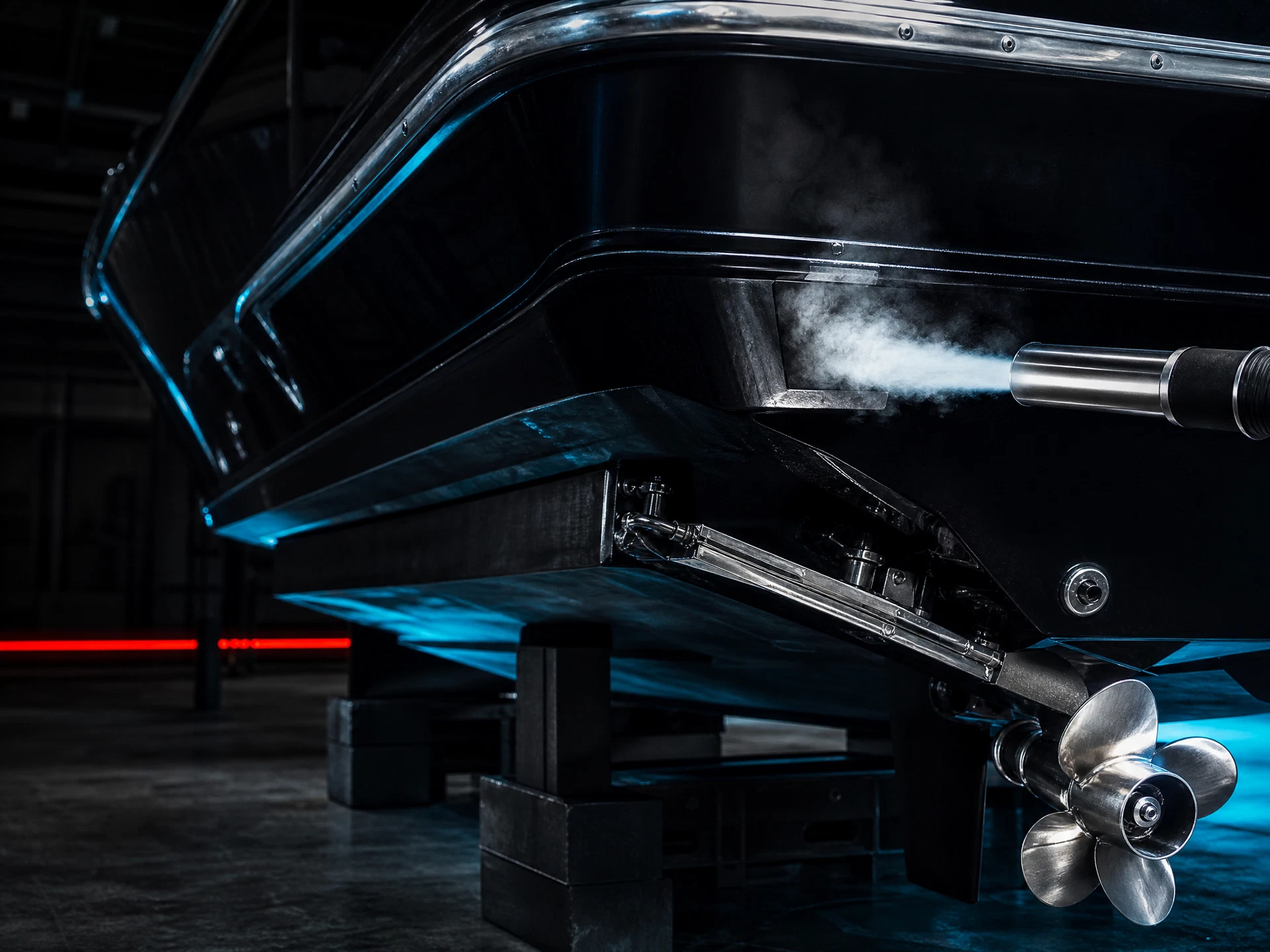 Illustrative boat hull exterior during a controlled dry ice cleaning test