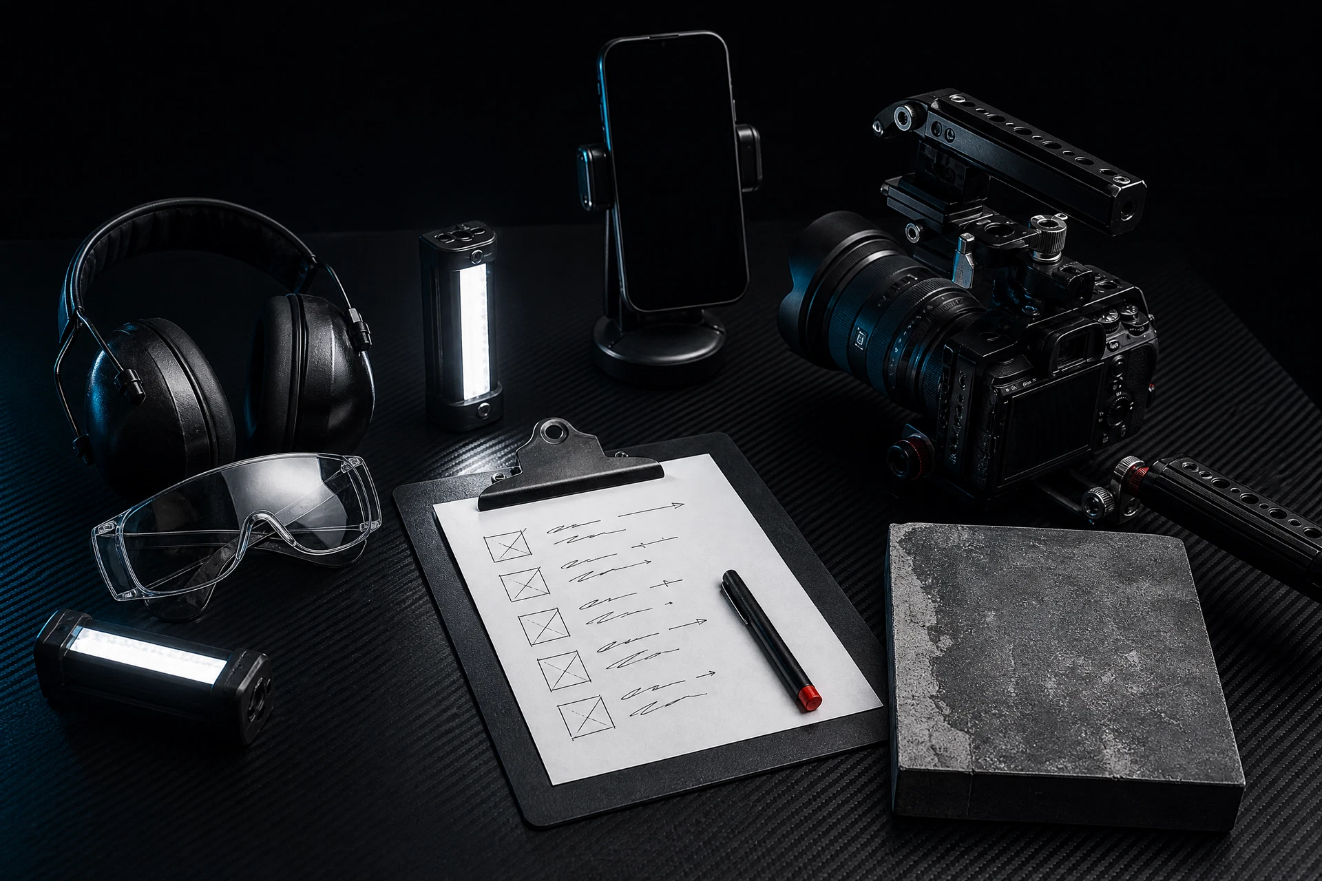 Camera, phone, PPE, work lights, and industrial surface sample organized for field content capture