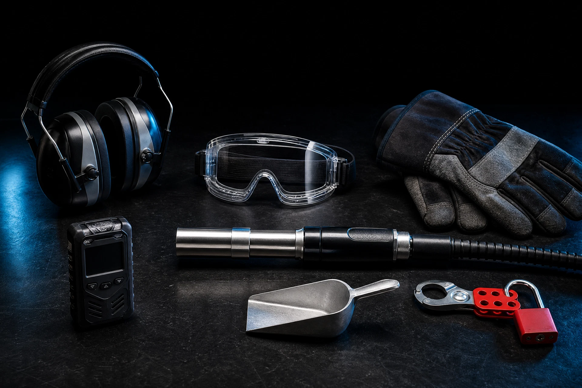 Dry ice blasting safety and preparation equipment arranged for a project hazard assessment
