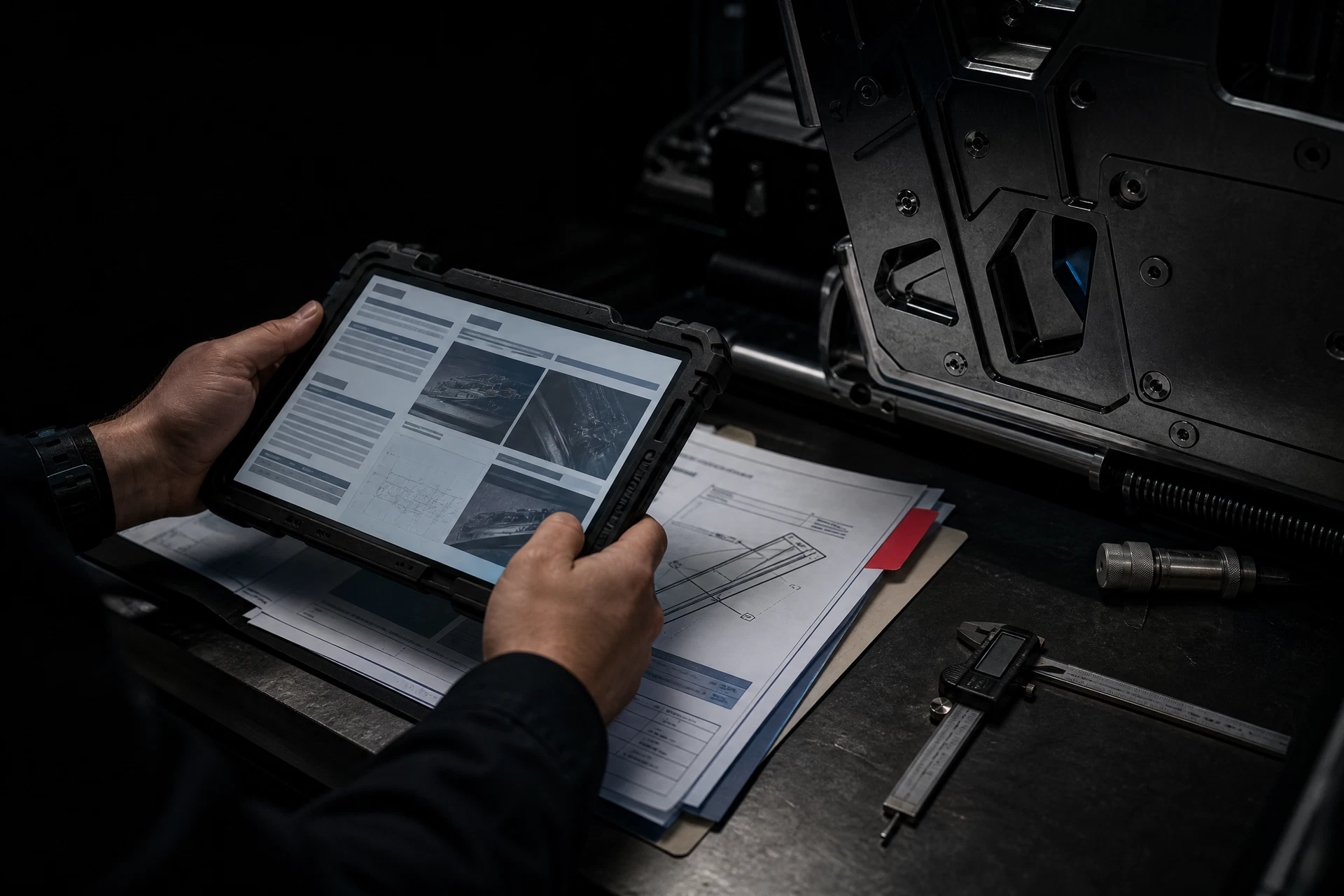 Project scope photographs and dimensions being reviewed on a tablet beside industrial equipment