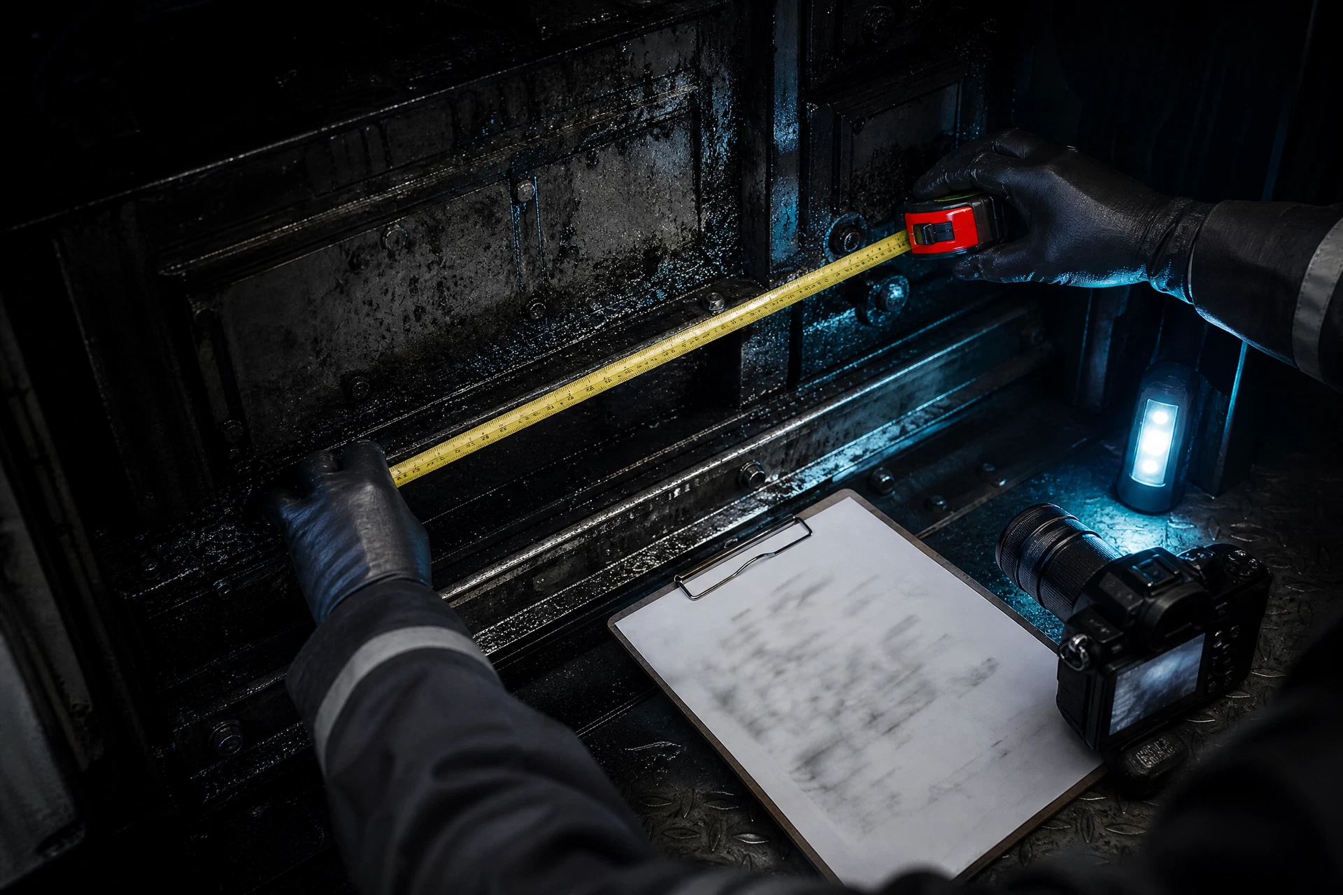 Contaminated machine surface being measured for size, access, and scope assessment
