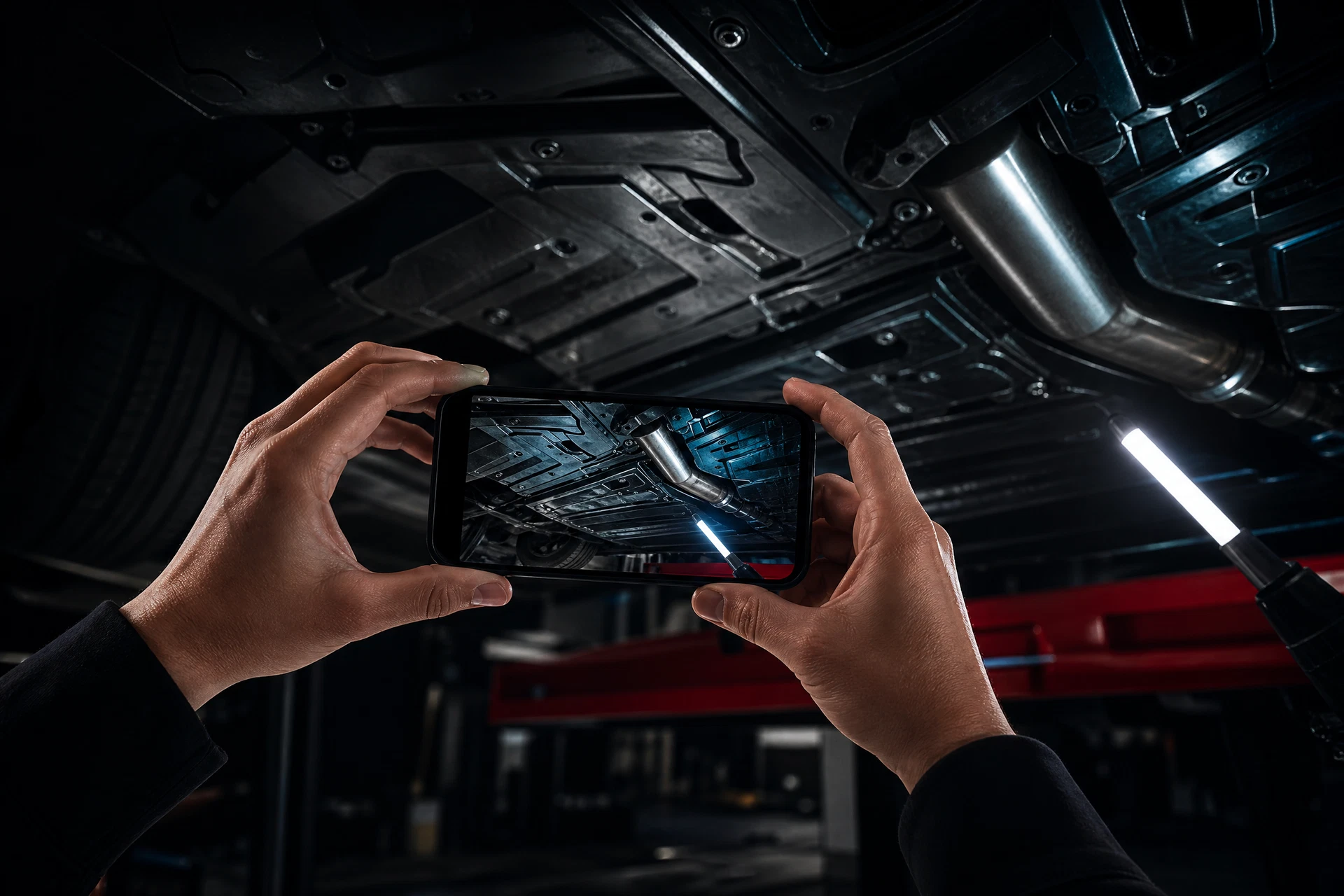 Customer photographing a safely supported vehicle undercarriage for project assessment