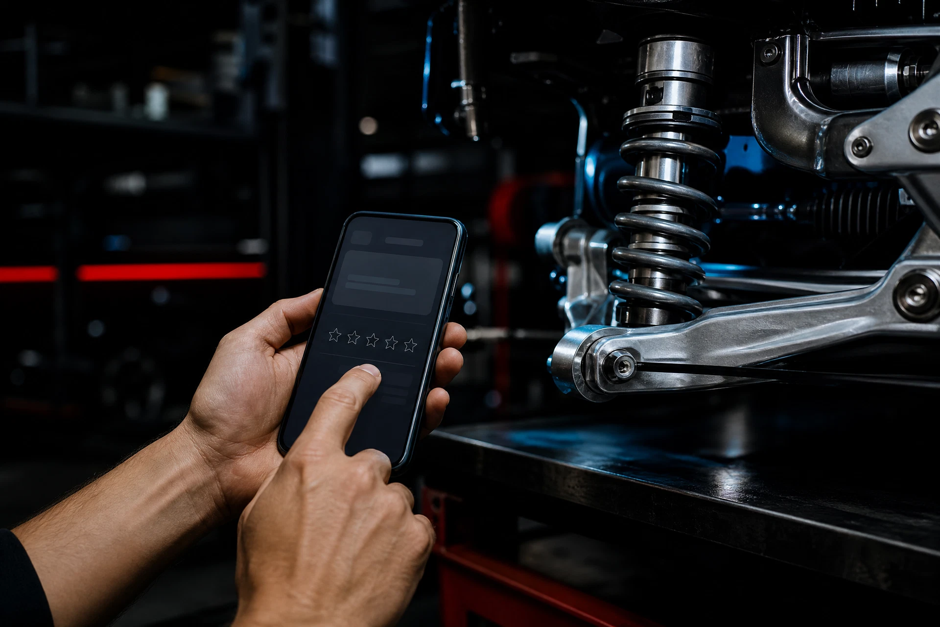 Customer hands entering genuine service feedback on a phone beside an inspected mechanical surface