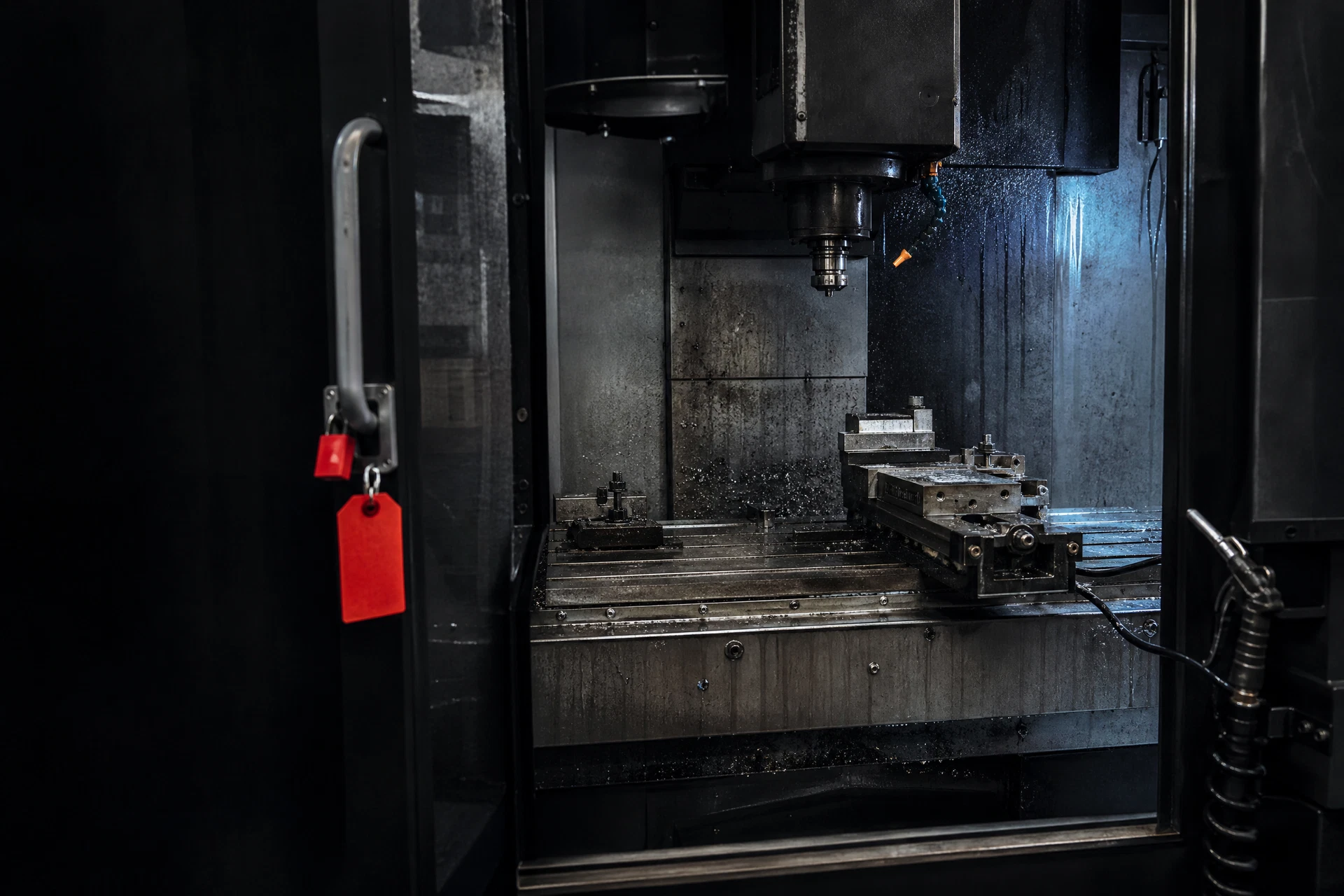 Locked-out CNC work envelope prepared for contamination and access assessment