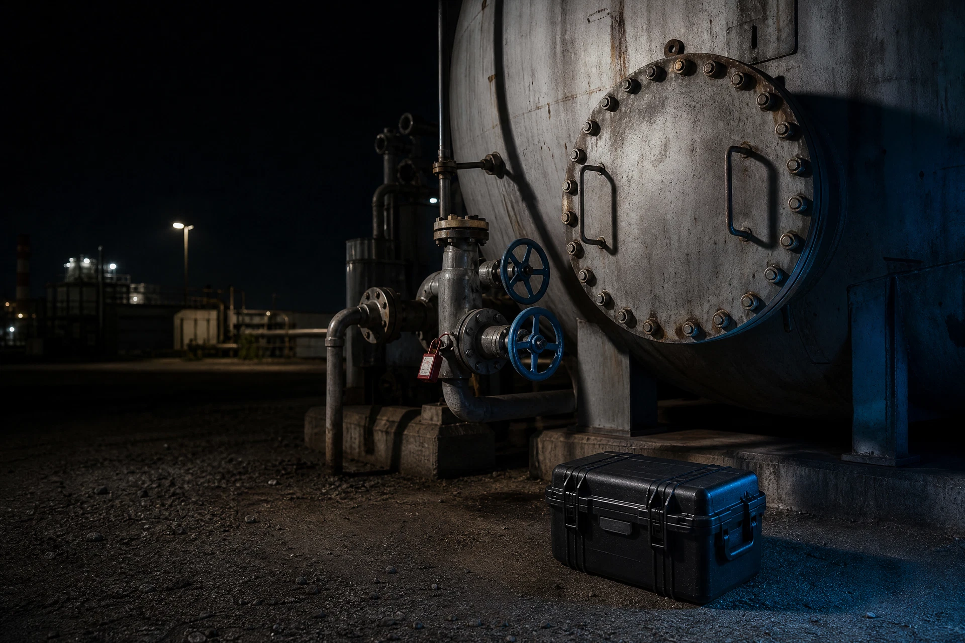 Exterior tank manway, valves, piping, and shell coating staged for assessment
