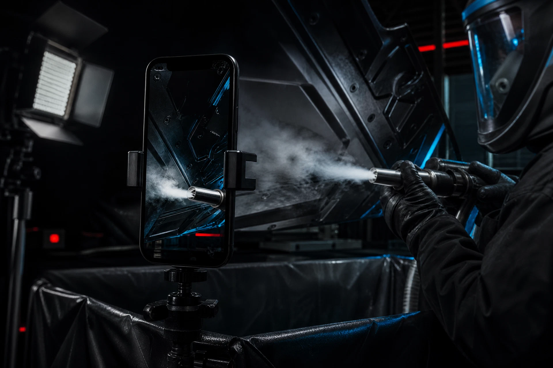 A vertical phone rig filming a controlled dry ice blasting detail with safety equipment visible