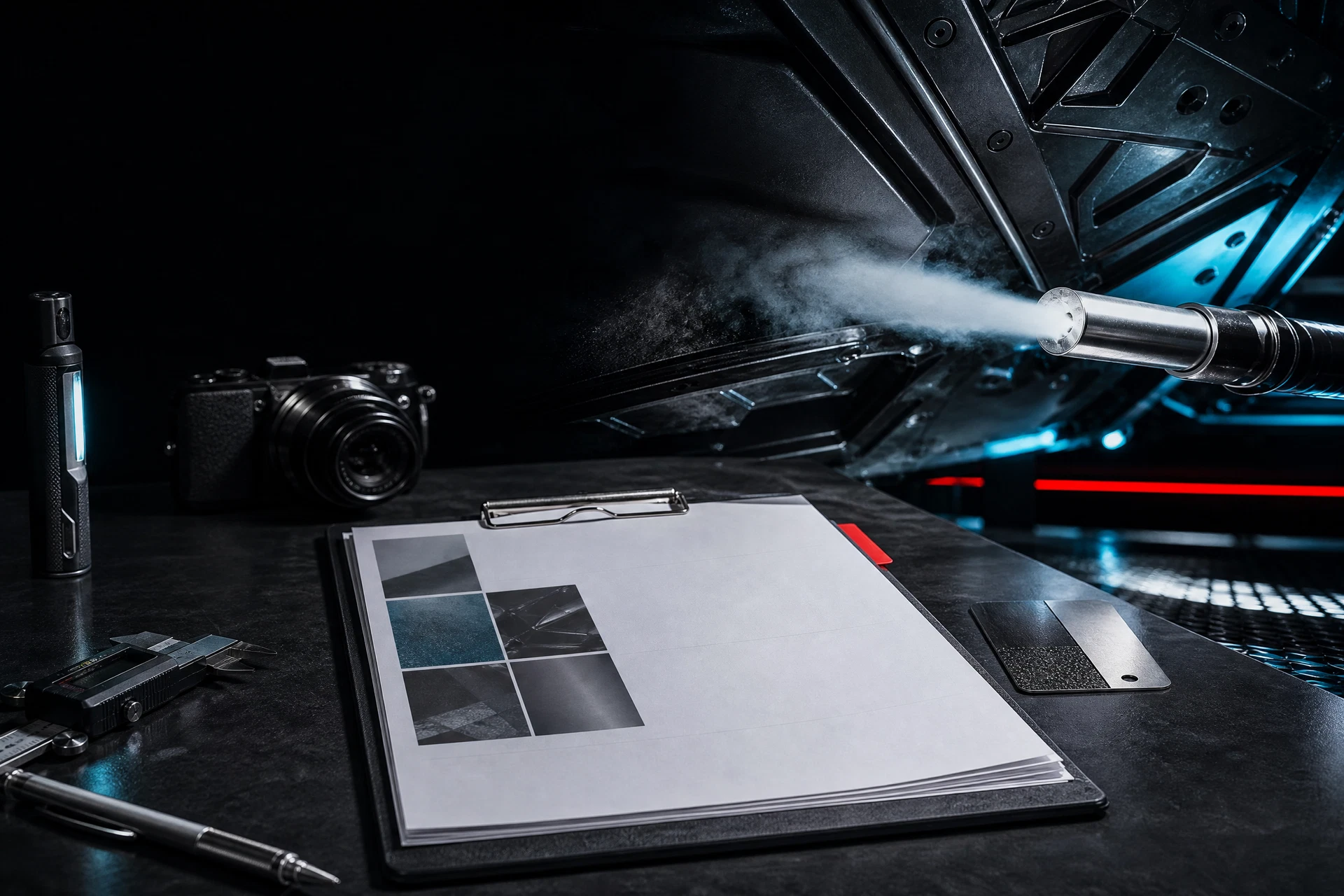 Inspection tools, project photographs, and unsigned scope documents prepared for assessment